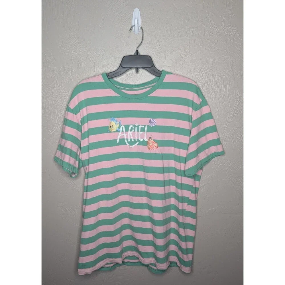 Disney Mens XLarge Our Universe Gree Pink Striped Ariel Little Mermaid T Shirt